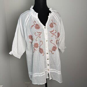 JP and Mattie Georgina Hand Embroidered Shirt Cotton White Rose M Boho Cottage